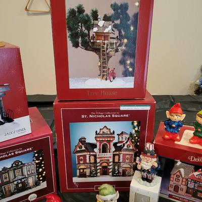 CHRISTMAS VILLAGE BUILDINGS AND 0THER DECORATIONS