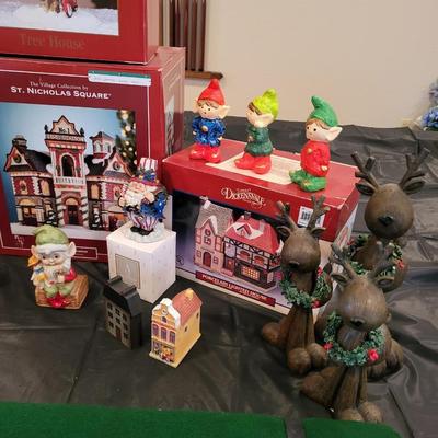 CHRISTMAS VILLAGE BUILDINGS AND 0THER DECORATIONS