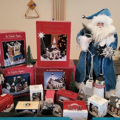 CHRISTMAS VILLAGE BUILDINGS, SANTAS AND ACCESSORIES