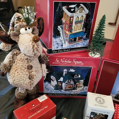CHRISTMAS VILLAGE BUILDINGS, SANTAS AND ACCESSORIES