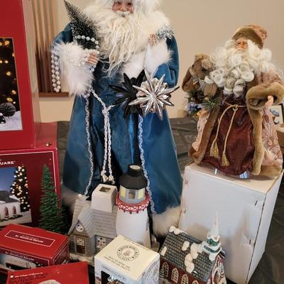CHRISTMAS VILLAGE BUILDINGS, SANTAS AND ACCESSORIES