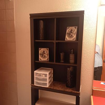 OVER THE TOILET SHELF, BATHROOM ITEMS AND ALASKA ART