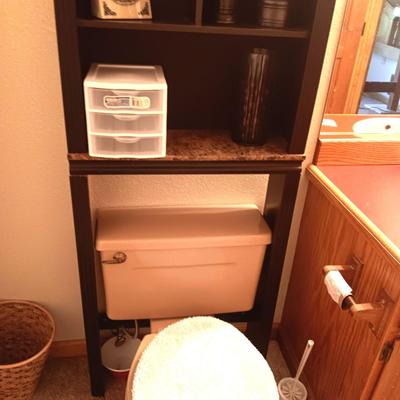 OVER THE TOILET SHELF, BATHROOM ITEMS AND ALASKA ART