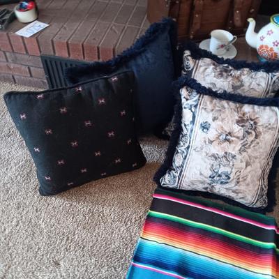 2 STORAGE CHESTS, THROW PILLOWS, BLANKET AND TEAPOT