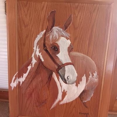 HORSE PAINTED ON A CABINET DOOR, HORSES ON CANVAS, HORSE FIGURE AND LARGE METAL EASEL