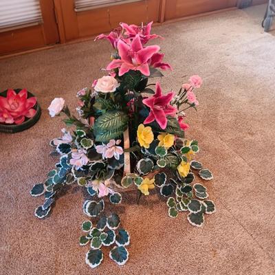 SILK FLOWER ARRANGEMENTS, PINECONES IN A METAL BASKET AND A ROUND TABLE