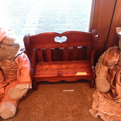 LARGE PLUSH MR & MRS BEARS, PAIR OF SILLY RABBITS, WOOD BENCH AND MORE