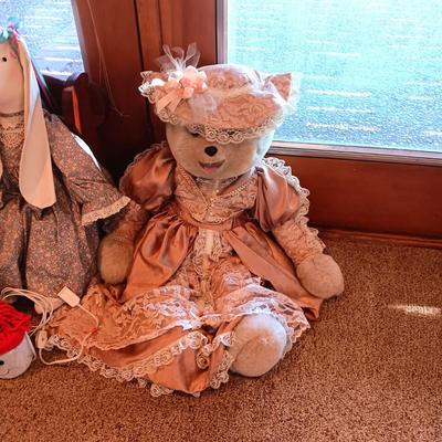 LARGE PLUSH MR & MRS BEARS, PAIR OF SILLY RABBITS, WOOD BENCH AND MORE