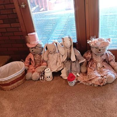 LARGE PLUSH MR & MRS BEARS, PAIR OF SILLY RABBITS, WOOD BENCH AND MORE