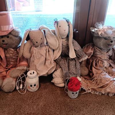 LARGE PLUSH MR & MRS BEARS, PAIR OF SILLY RABBITS, WOOD BENCH AND MORE