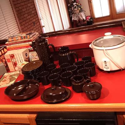 PARTIAL SET OF FRANCISCAN DINNERWARE, CROCK POT AND COOK BOOKS