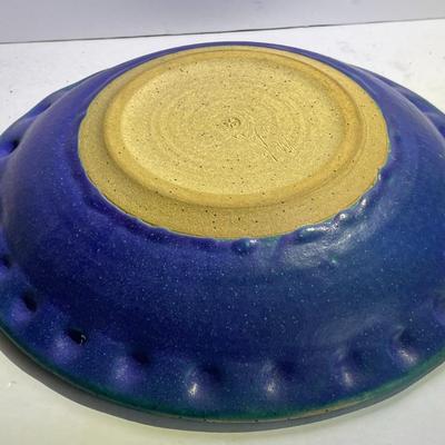 Vintage Mid-Century Blue Glazed Stoneware Pottery Bowl 10.5" Diameter in Good Condition.