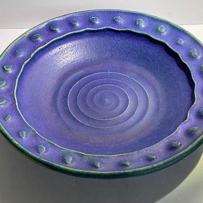 Vintage Mid-Century Blue Glazed Stoneware Pottery Bowl 10.5" Diameter in Good Condition.
