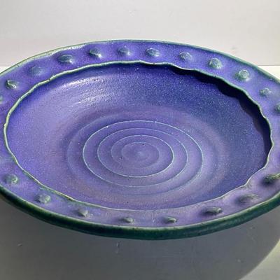 Vintage Mid-Century Blue Glazed Stoneware Pottery Bowl 10.5" Diameter in Good Condition.