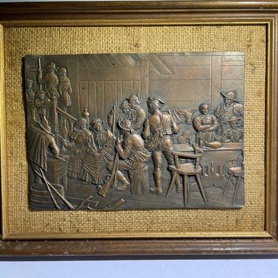 Vintage/Antique Encased Metal Copper Early American Plaque on a 9" x 11" Frame as Pic'd.