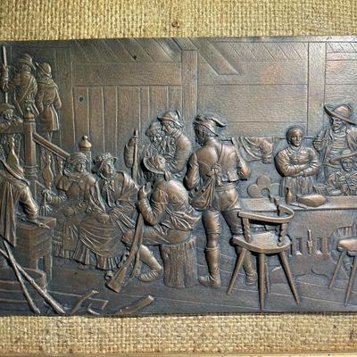 Vintage/Antique Encased Metal Copper Early American Plaque on a 9" x 11" Frame as Pic'd.