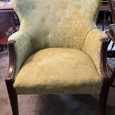 Vintage Light Green Upholstered Wing Chair w/Wooden Legs as Pictured.