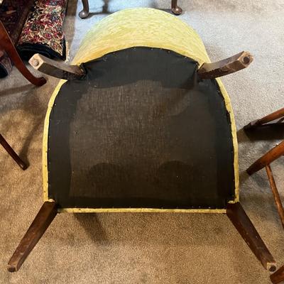 Vintage Light Green Upholstered Wing Chair w/Wooden Legs as Pictured.