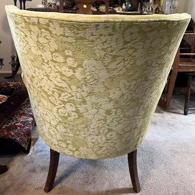 Vintage Light Green Upholstered Wing Chair w/Wooden Legs as Pictured.