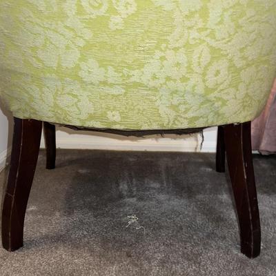 Vintage Light Green Upholstered Round Back Wing Chair w/Wooden Legs as Pictured.