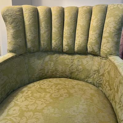 Vintage Light Green Upholstered Round Back Wing Chair w/Wooden Legs as Pictured.