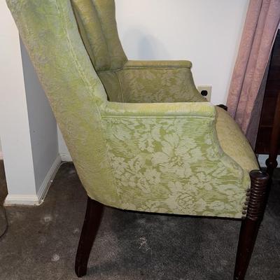 Vintage Light Green Upholstered Round Back Wing Chair w/Wooden Legs as Pictured.