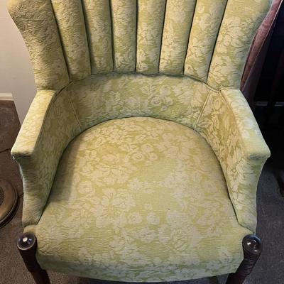 Vintage Light Green Upholstered Round Back Wing Chair w/Wooden Legs as Pictured.