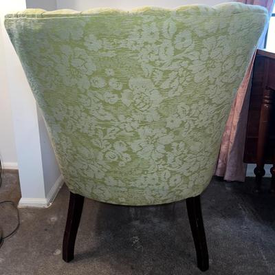 Vintage Light Green Upholstered Round Back Wing Chair w/Wooden Legs as Pictured.