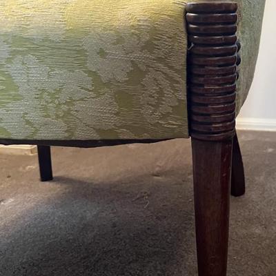 Vintage Light Green Upholstered Round Back Wing Chair w/Wooden Legs as Pictured.