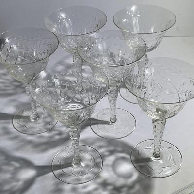 Lot of 6 Antique Early Stemware Etched Design Glasses 5-7/8" Tall in VG Preowned Condition.