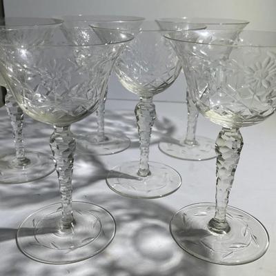 Lot of 5 Antique Early Stemware Etched Design Glasses 5" Tall in VG Preowned Condition.