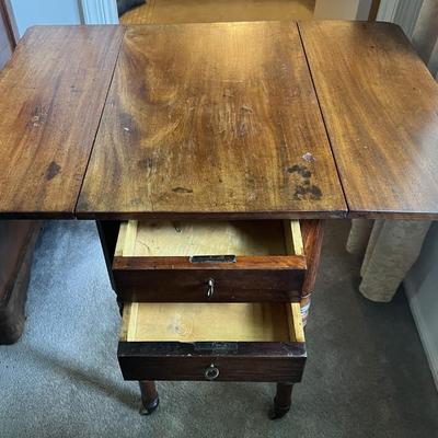 Antique Drop Leaf Double Drawer Table w/Wheels and Back Hatch 27-1/4" as Pictured.