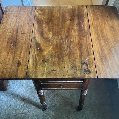 Antique Drop Leaf Double Drawer Table w/Wheels and Back Hatch 27-1/4" as Pictured.
