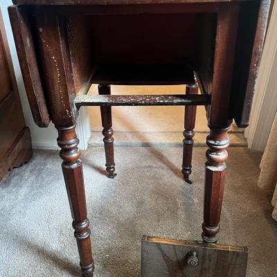 Antique Drop Leaf Double Drawer Table w/Wheels and Back Hatch 27-1/4" as Pictured.