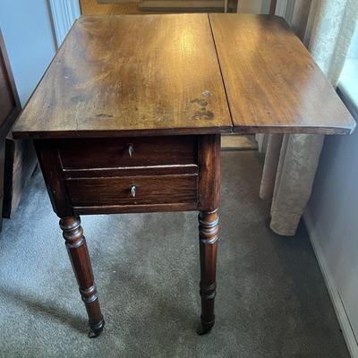 Antique Drop Leaf Double Drawer Table w/Wheels and Back Hatch 27-1/4" as Pictured.