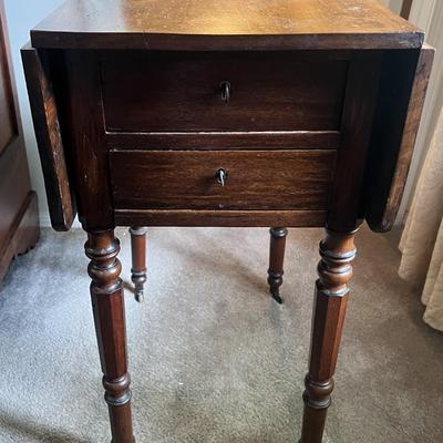 Antique Drop Leaf Double Drawer Table w/Wheels and Back Hatch 27-1/4" as Pictured.