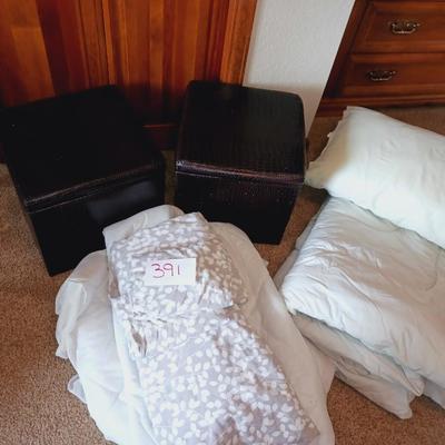 2 STORAGE CUBES, QUEEN SHEETS/MATTRESS COVER & DOWN DUVET