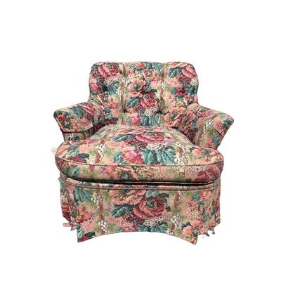 1298 Pair of Michael Thomas Upholstered Floral Design Arm Chairs w/ Ottoman