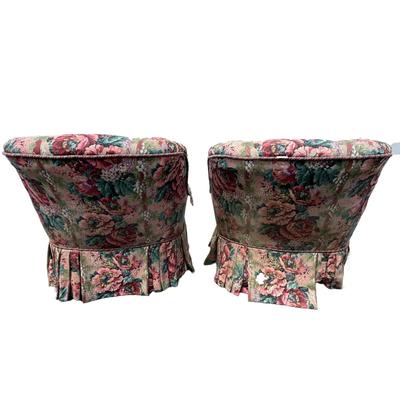 1298 Pair of Michael Thomas Upholstered Floral Design Arm Chairs w/ Ottoman