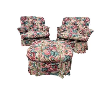 1298 Pair of Michael Thomas Upholstered Floral Design Arm Chairs w/ Ottoman