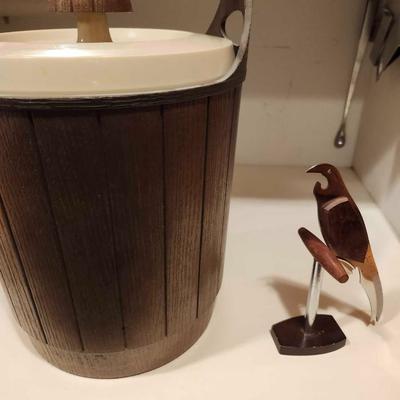 Vintage MCM 1970's Bar Set- Bird, Corkscrew and Stand and Rubbermaid Insulated ICE BUCKET 2478 Wood Grain Woodbine Collection