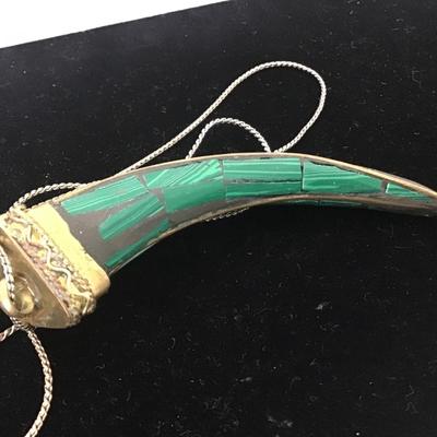 Large Brass Curved Tooth Shaped Pendant Inlaid With Malachite Slices, On A Necklace