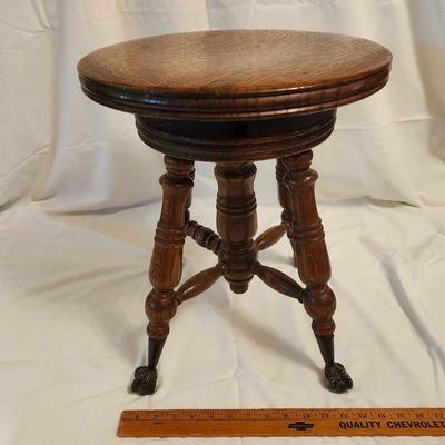 Vintage Wood Round Piano Stool Seat Cast Iron Claw And Glass Ball Foot Swivel