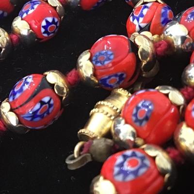 Vintage Venetian Red Millefiori Glass Bead Necklace Or Murano Red Millefiori Bead