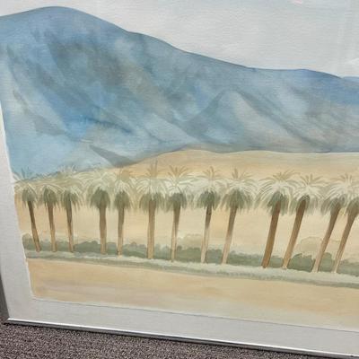 Large, Framed, watercolor original, line of Palm Trees landscape, signed