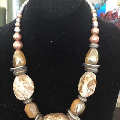 Bold chunky beaded necklace brown and silver