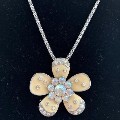 Vintage enamel, diamond flower necklace, silver Tone chain