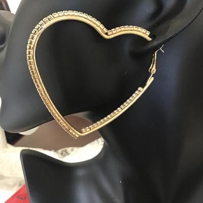 Rhinestone heart hoops gold toned earrings