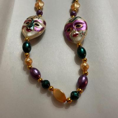 Vintage Mardi Gras 40" Beaded & Faces Fashion Necklace in Very Good Preowned Condition.