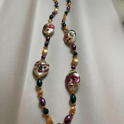 Vintage Mardi Gras 40" Beaded & Faces Fashion Necklace in Very Good Preowned Condition.
